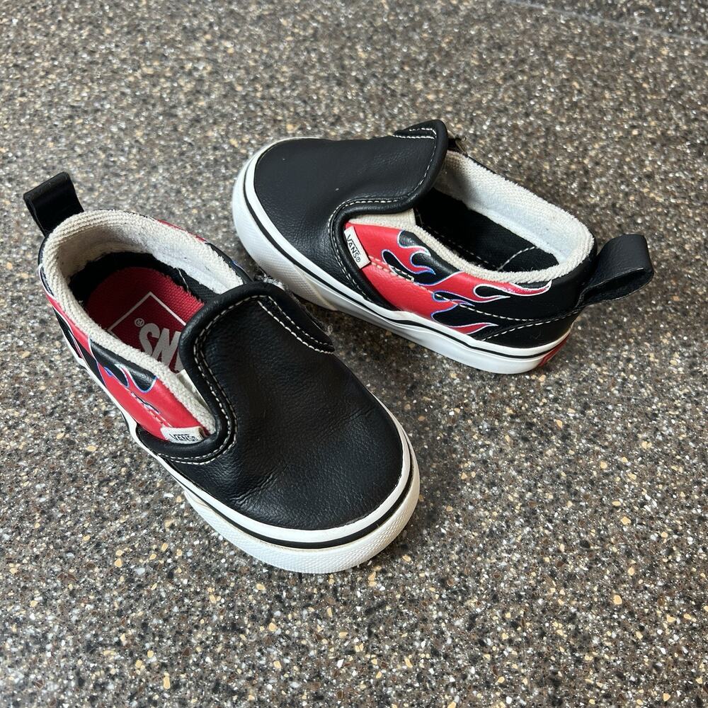 Vans Classic Little Kid Toddler Sz 5 Black Leather Flame Sneaker Low Top Slip On